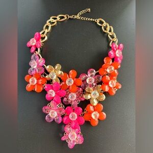 Colorful Floral Statement Bib Necklace Pink Orange Gold Tone Rhinestone